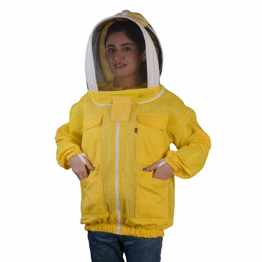 GoldenHive SunShield™ Casaco de Apicultura Ventilado 3 Camadas Amarelo – Casaco Anti-Picadas com Véu Fencing