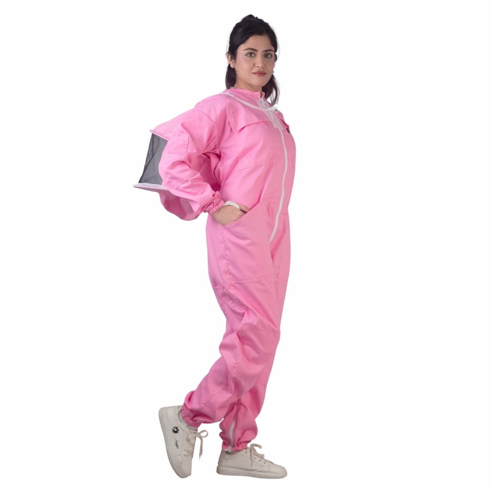 GoldenHive RoseComfort™ Fato de Apicultura Rosa 100% Algodão com Véu Redondo – Fato Leve e Respirável Anti-Picadas