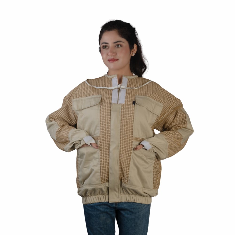 GoldenHive TerraGuard™ Casaco de Apicultura Ventilado 3 Camadas Castanho – Casaco Anti-Picadas com Véu Redondo