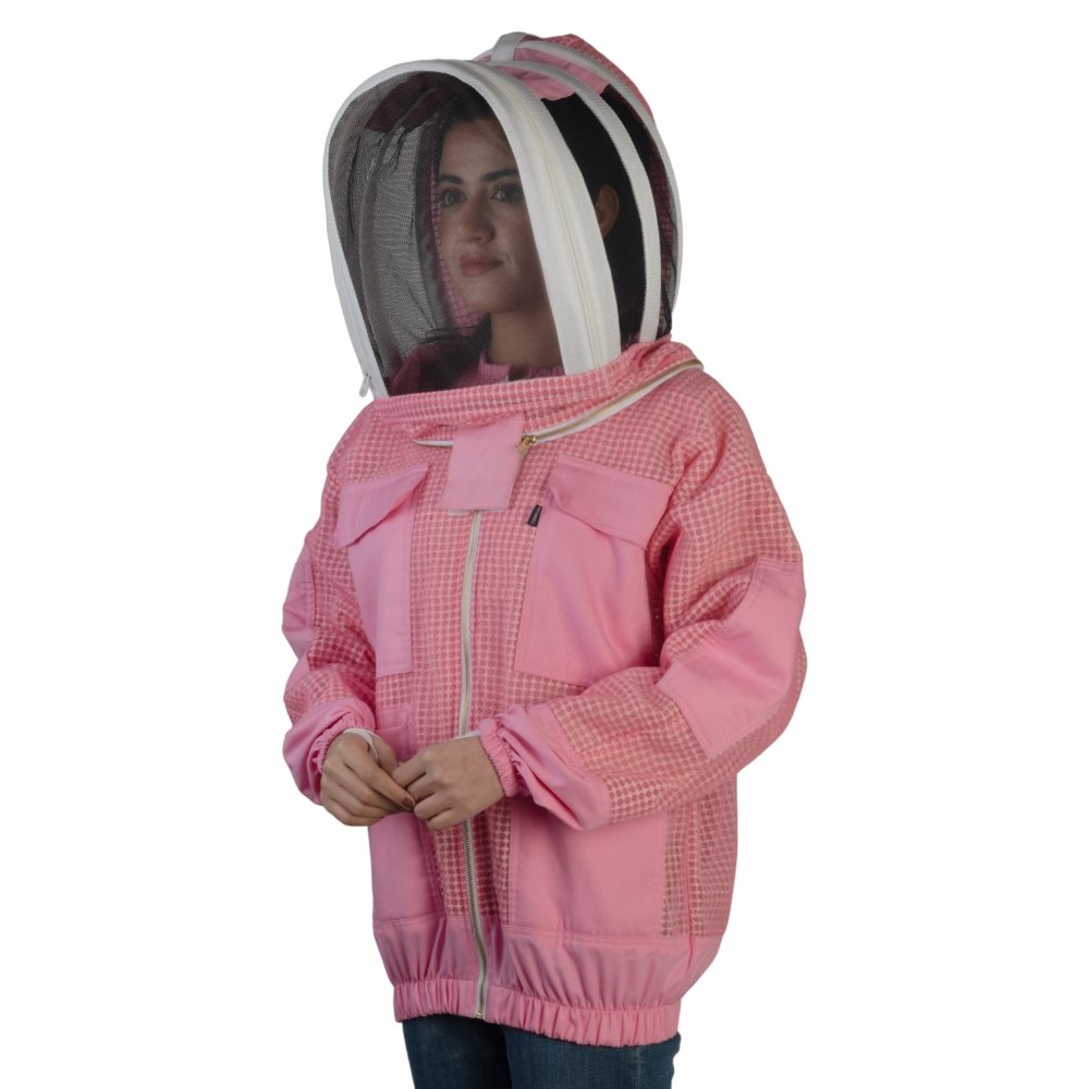 GoldenHive RoseShield™ Casaco de Apicultura Ventilado 3 Camadas Rosa – Casaco Anti-Picadas com Véu Fencing