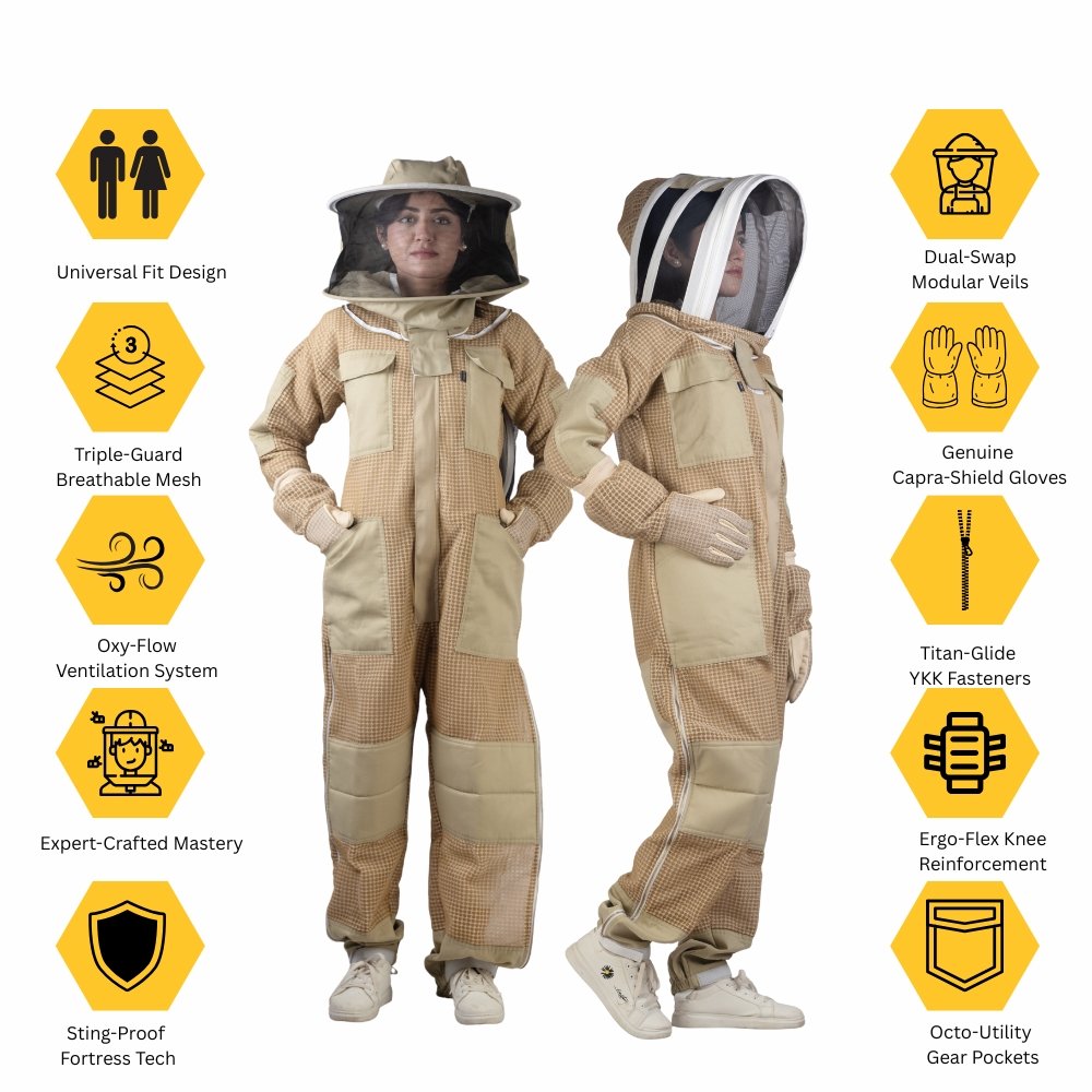 GoldenHive TerraShield™ Fato de Apicultura Ventilado 3 Camadas – Malha Anti-Picadas (Castanho)