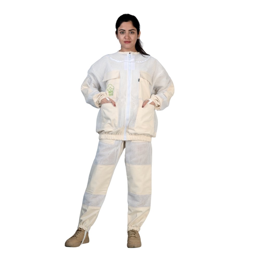 GoldenHive PureSet™ Conjunto de Apicultura 3 Camadas Branco – Casaco e Calças Anti-Picadas Ventilados com Véu Redondo