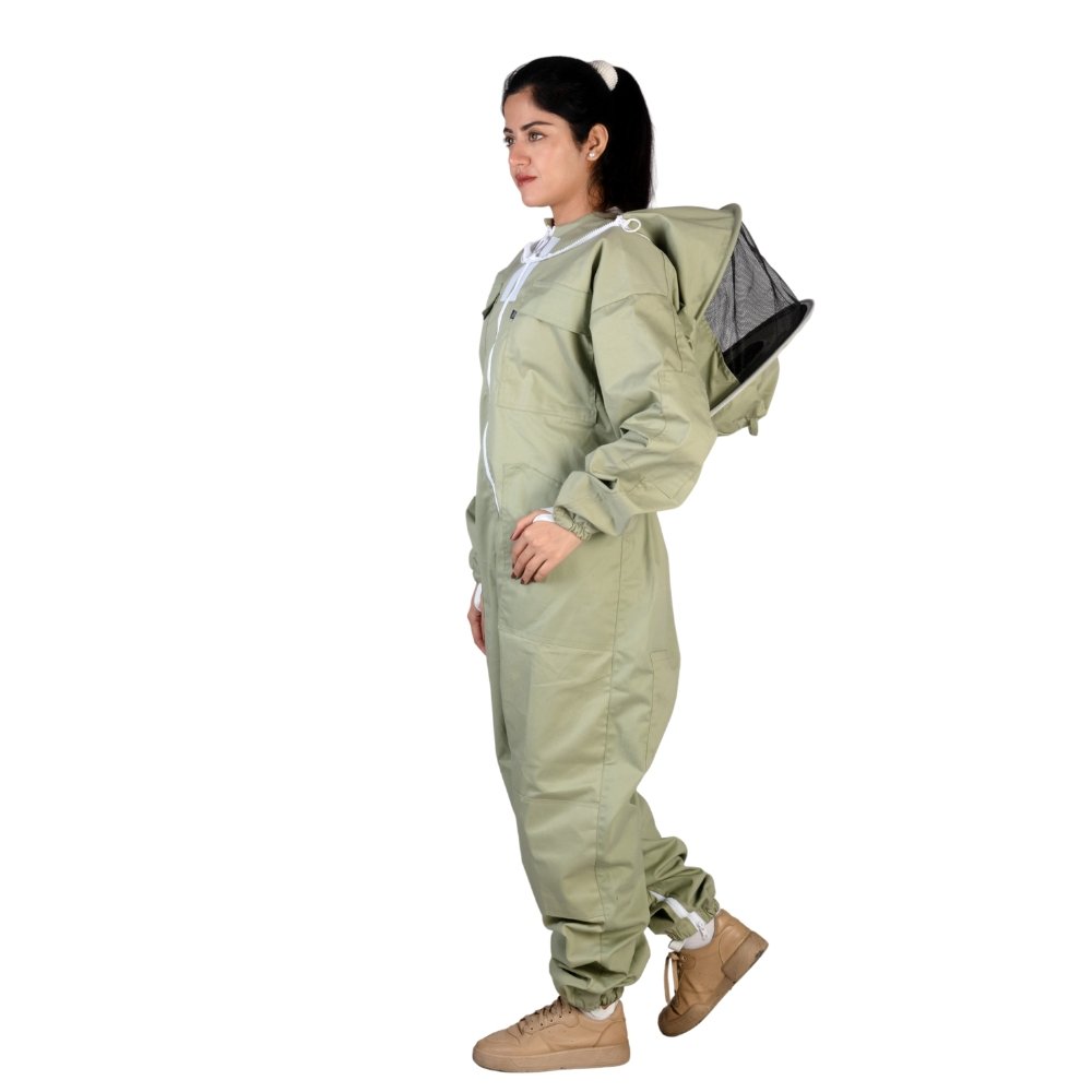 GoldenHive ForestComfort™ Fato de Apicultura Verde 100% Algodão com Véu Redondo – Fato Leve e Resistente Anti-Picadas